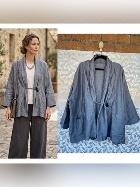 OSKA Linen Cotton Drape Kimono Cardigan Silver Gray Lagenlook Sz II / X-Large